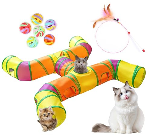 4-Way Large Cat Tunnel, H Shape Cat Tube Toy with Interactive Playing Balls, Peek Hole for Indoor Cats, Kitten, Kitty, Puppy, Rabbit (Multicolor)
