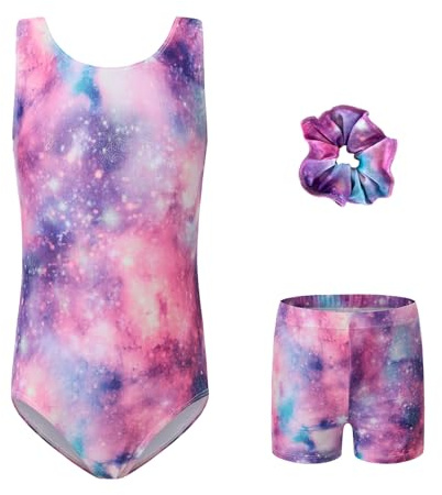 Dtone Gymnastics Leotards for Girls Kids Sleeveless Sparking Dance Ballet Leotard with Shorts And Hairband Set, Shiny Gymnastic Outfits 6-7 Years