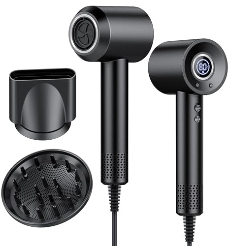 Asciugacapelli Ionico 180,000 RPM Phon Capelli Professionale 500 Milioni Ioni Negativi, 4 Temperature 3 Velocità, Display LED, Termoregolazione intelligente, Basso Rumore, 2 Accessori Magnetici