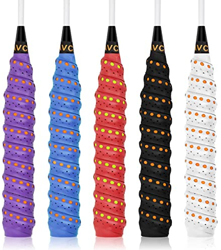 5 Pack PU Racquet Grip, Super Absorbent Tennis/Badminton/Squash Rackets Overgrip Anti Slip Perforated Racket Grips Non-Slip Handle Grip Tape, 5 Color