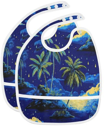 Caikeny Baby Feeding Bibs Dark Blue Yellow Palm Trees Stars Infant Drooling Bibs Food Bibs with Pocket for Toddler Girls Boys Set of 2