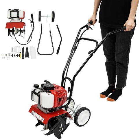 ROGONPDK Motoazada De Gasolina De 1900 W, 52 CC, 2,3 CV, 2 Tiempos, Azada De Jardín, Cultivador, Motoazada 52 CC con Tracción A Las Ruedas, Motoazada Agrícola, Motoazada De Jardín, Azada