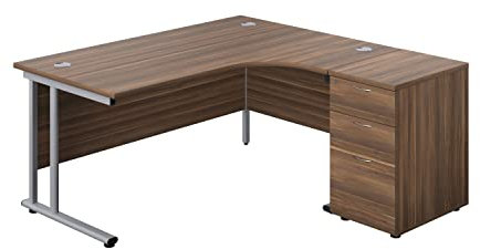 Office Hippo Heavy Duty Right Corner Radial Desk With 3 Drawer High Storage, Home Office, Filing, PC Desk - 5 Yr Wty, MFC - Dark Walnut, Silver Frame, 160cm x 160.4cm