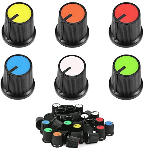 Xiatiaosann 60pcs Potentiometer Control Knob 6mm Knurled Shaft Hole Potentiometer Volume Control Rotary Knob Cap 13x17mm Color White, Blue, Red, Yellow, Green, Orange