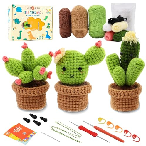 Lonsien Häkelset für Anfänger 3 Cactus Häkeln Für Anfänger Komplett Stricken für Anfänger Set Crochet Set für Kinder Erwachsene DIY mit Häkelnadeln Garn mit Schritt-für-Schritt Videoanleitungen