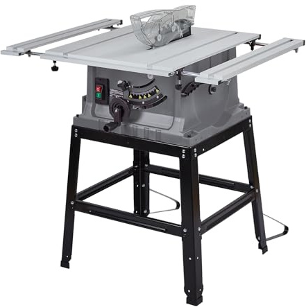 GarveeTech Table Saw, 10 in 15A Multifunctional Saw With Stand & Push Stick, 90° Cross Cut & 0-45° Bevel Cut, 5000RPM, Adjustable Blade Height for Woodworking, Grey