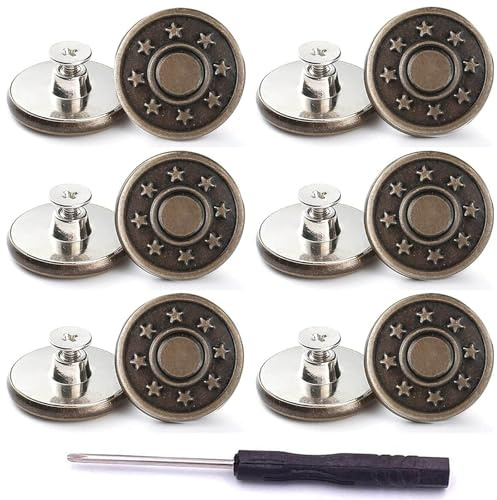 FYHJNC 12 Sets 17mm No Sew Jeans Buttons Adjustable Waist with Screwdriver
