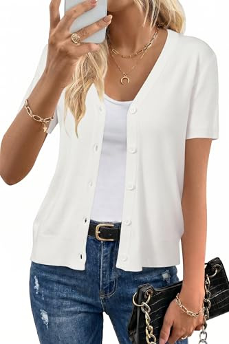 Arach&Cloz Cardigans pour Femmes, Manches Courtes, boléro en Laine mélangée, Hauts d'été Courts et décontractés | Léger et respirant, manches longues, col en V, boutons, tenues décontractées d'affaires, vêtements d'enseignant