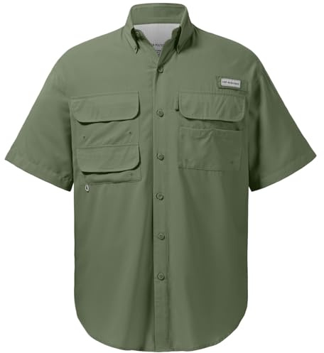 Bassdash Camisa de Vestir de Pesca para Hombre con protección UPF 50 Tejido de Manga Corta con Botones para Exteriores