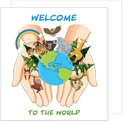 Edition Seidel Tarjeta de felicitación cuadrada premium para nacimiento con sobre, tarjeta de felicitación para bebé, tarjeta de bienvenida para bebé, niño, niña, mundo animales (EQ123 SW025)