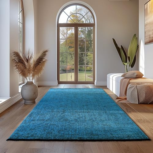 Teppium Baumwolle Chenille Teppich Blau 160x230 cm Waschbar, Boho-Stil, Vintage Kelim, Kurzflor, rutschfest & Weich, Einfarbig Meliert, Für Wohnzimmer, Schlafzimmer, Büro & Küche