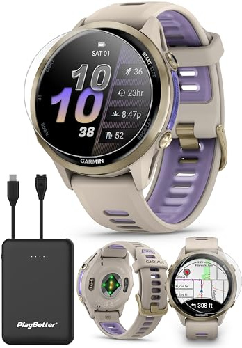 PlayBetter Garmin Forerunner 970 (Soft Gold French Gray/Translucent Indigo) Premium GPS Running & Triathlon Smartwatch Bundle - AMOLED, LED Flashlight Portable Charger & HD Screen Protectors