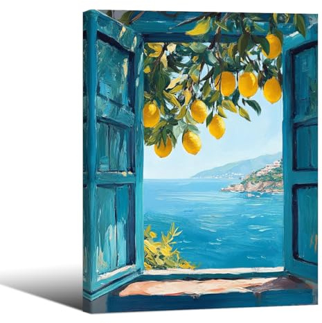 Poster artistico da parete su tela con cornice con vista sulla finestra mediterranea con limoni costieri stampe blu paesaggio marino moderno paesaggio naturale immagini per camera da letto soggiorno