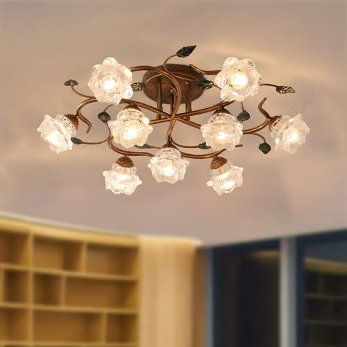 Lámpara de Techo Retro, Moderna lámpara de Metal con diseño Floral de 58 cm, Brazo de Arco Giratorio clásico + 5 Pantallas de Cristal Blanco con diseño Floral, Ideal para Sala de Estar, dormitori