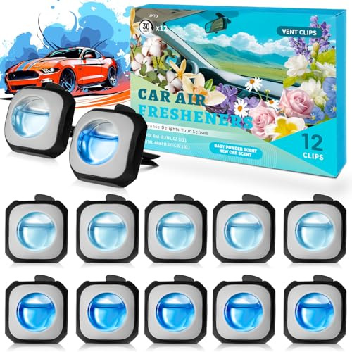 Scent-Hi Car Ambientador Coche, Aroma para Coches Nuevos y Talco para Bebés Clips para Ambientadores de Coche, Elimina y Previene los Malos Olores de tu Coche, Pack 12 Unidades 4 ml