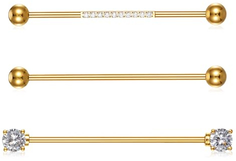 Josojoou 3Pcs Gold Industrial Piercing Jewelry, 14G Surgical Steel Cubic Zircon Industrial Bar, Cartilage Helix Piercing Barbell Earrings, Body Piercing Jewelry for Women Men