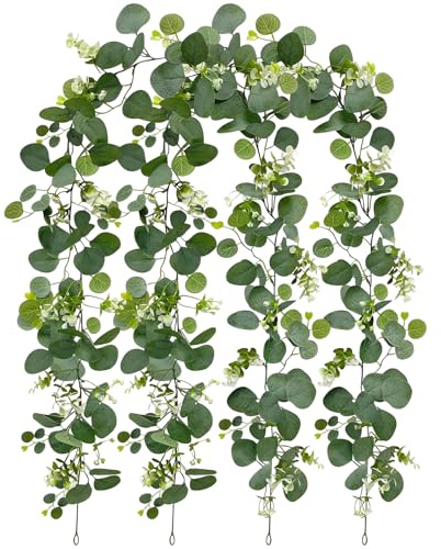 Vaskula 2 Pièces Eucalyptus Artificiel 1,8m Guirlande Fleurs Artificielles Émulation Guirlande D'eucalyptus avec Fleurs Blanches Guirlandes Artificielles pour Mariage Fête Jardin Festival Arches