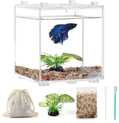 Fish Isolated Box, 0.2 Gallon, for Sick Fish, Breeding Fish, Sea Monkey, Watch Pets Hatch & Hrow, Stackable Design, Small Betta Hospital Tank with Artificial Plants Gravels and Cleaning Tools