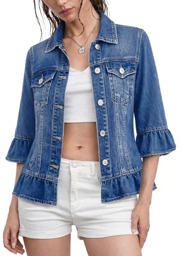 Kedera Denim Jacket for Women, Lightweight 3/4 Ruffle Sleeve Blue Jean Jacket Trendy for Spring Summer Layer