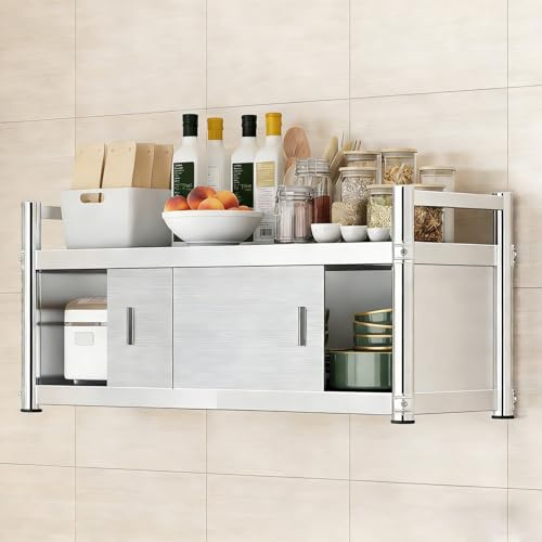 Köksspeglning Enkel Dubbel Lager Väggmonterad Rostfritt Stål Kökskåp Glidfönsterorganiserare Utan Bakpanel Monteras Direkt mot Väggen Köksspeglingshyllor(60x35x50cm(24x14x20in))