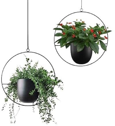 Funtabee 2-pack mitten av århundradet modern hängande planterare, svart metall vägg hängande planterare inomhus, hängande blomma/växtkrukor, metall hängande korgar/växthållare, set med två (svart