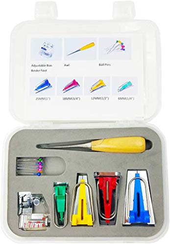 ANCLLO Schrägbandformer mit Nähahle, Perlennadeln, Verstellbarer Binderclip, Fußpresse–6mm. 12mm. 18mm. 25mm Tape Maker Setpraktisches Schrägbandformer Set