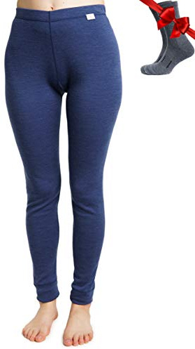 100% Merino Wool Base Layer Womens Leggings, Thermal Underwear + Wool Socks (XX-Large, Windsor Blue 250)