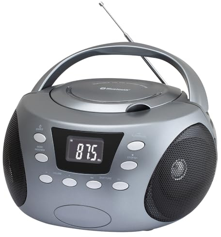 HANNLOMAX HX-332CD CD Boombox, Alarm Clock Radio, Bluetooth (Silver Grey)