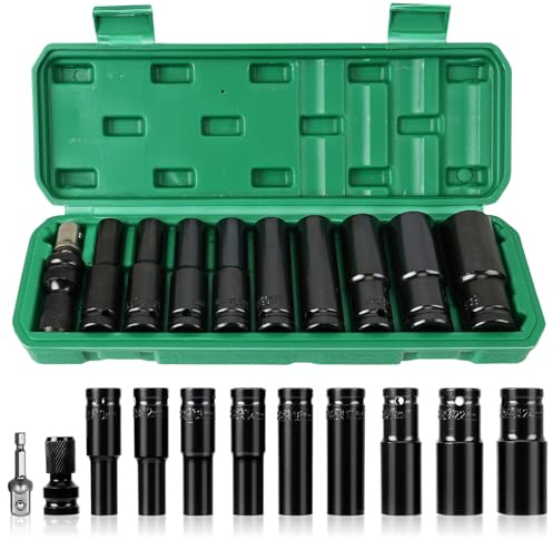 11Pcs Schlagschrauber Nüsse Set 1/2 Zoll Steckschlüsselsatz 10-24mm, Stecknuss Set 1/2 Zoll mit Stecknuss Adapter und Verlängerungsstange, Sechskant Stecknüssel für Autoreparaturen Reifenwechsel