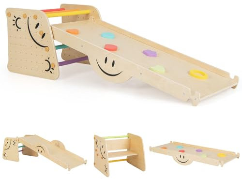 Maxmass 6-in-1 Kids Climbing Toys Set, Montessori Wooden Climbing Frame with 3-in-1 Reversible Ramp and Height Adjustable Step Stool, Toddler Climber Jungle Play Gym Set for 3+ Years Old