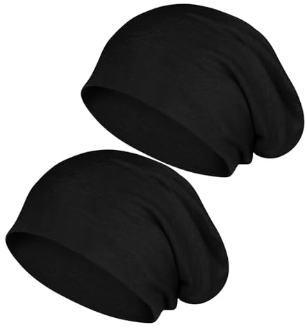 Kieswan 2 Pack Schwarz Beanie Herren Mütze Damen, Baumwolle Slouch Dünne Mütze Unisex, Elastische Laufmütze Chemo Mütze für Warme Herbst Winter