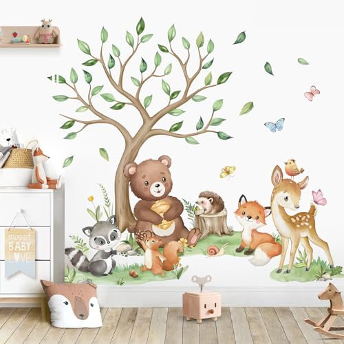 wondever Adesivi Murali Bambini Animali del Bosco Albero Sticker da Muro Animali Foresta Orso Cervo Volpe Adesivi da Parete per Camerette Bambini Asilo Nido