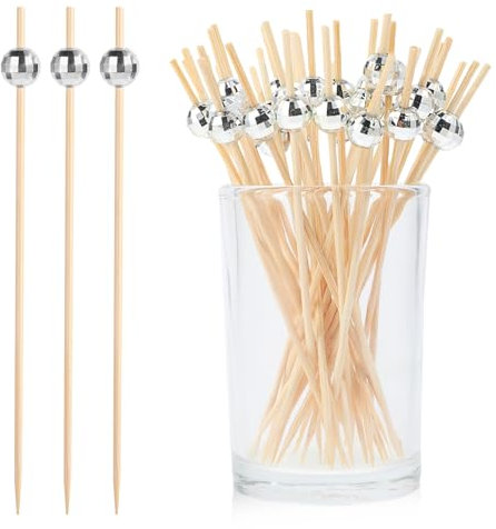 100 stuzzicadenti decorativi da cocktail, a forma di palla da discoteca, per antipasti, stuzzicadenti da cocktail argentati per bevande, bastoncini da cocktail in bambù per alimenti, bevande, feste di