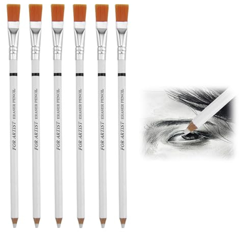 Lápiz con pincel – Goma de borrar de artista – 6 unidades para dibujo técnico, ilustración, boceto, pintura – Diseño en forma de lápiz para borrar con precisión