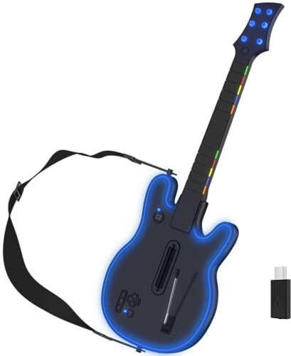 Lyvix Controller wireless Guitar Hero per PS3/PS4/PC, ricaricabile per chitarra da gioco per Guitar Hero, Rock Band, Clone Hero, Fortnite Festival, PlayStation 3/4/PC con luce RGB, jack audio