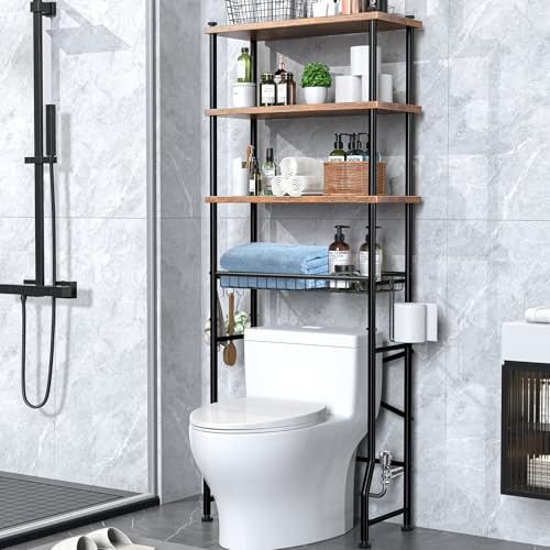 Over-The-Toilet Storage Shelves, 4-Tier Bathroom Organizer Shelf Over Toilet with Adjustable Feet Pad and Basket, Freestanding Space Saver Bathroom Storage Rack Above Toilet (Vintage Brown)