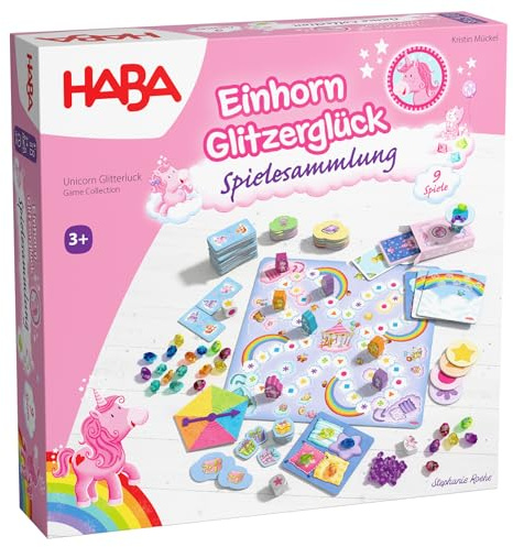 HABA Einhorn Glitzerglück – Spielesammlung ab 3 Jahren mit 9 abwechslungsreichen Würfel-, Karten- & Brettspielen für 2–4 Kinder, einfach erklärt – 2012231001