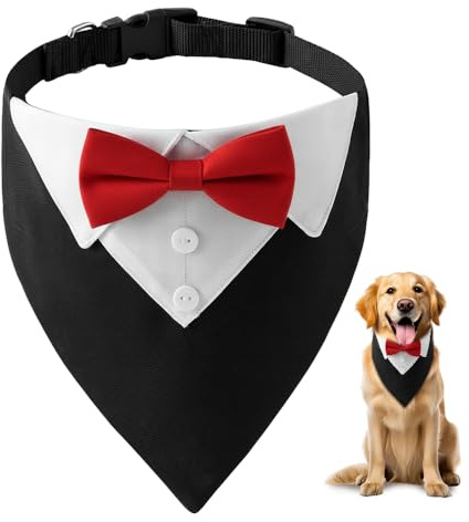 HMCEY Bandana per Cani Formale 36-60 CM,Collare Smoking Cane con Foulard e Papillon,Sciarpa Cravatta Cane Regolabile,Costume Elegante per Animale Domestico per Matrimoni, Compleanni, Festa - Rosso