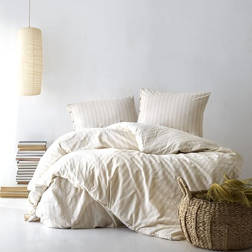 LILENSE 100% Cotton Double Size Duvet Cover Set - Washed Yarn Dyed, Striped 3pcs Bedding with Pillowcases, Button Closure (Cream)