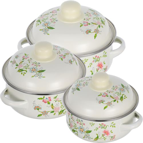 GANAZONO Set 3 Pentole Smaltate con Coperchio Pentole per Stufato e Zuppa a Fuoco Lento con Doppia Maniglia e Motivo Floreale retrò Resistente alle Alte Temperature per Uso Domestico