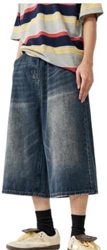 Oanviso Pantaloncini di Jeans da Uomo 3/4 Capri Pantaloni Corti in Denim Y2K Bermuda Jean Shorts a Gamba Dritta alla Moda Estivi Pantalones Hip Hop Streerwear B Blu Scuro L