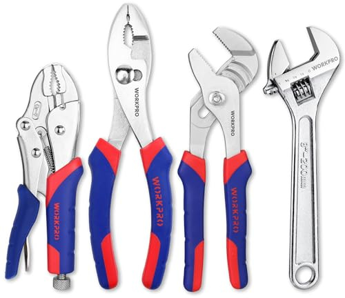 WORKPRO Pliers Set 4-piece Locking Plier Slip-joint Plier Groove Joint Pliers and Adjustable Wrench Home Maintenance Tool Kit
