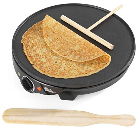 Giles & Posner Electric Pancake Maker - Traditional French Crepes & Galettes, Large 30cm/12 Non-Stick Hot Plate, Adjustable Temperature Control, Includes Wooden Spreader & Spatula, 1300W