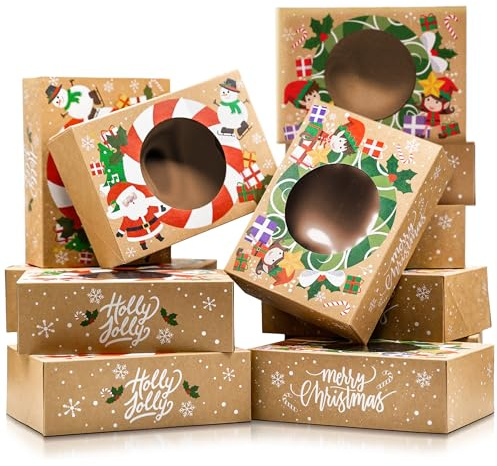 Christmas Cookie Boxes for Gift Giving - 12 Kraft Christmas Cookie Tins With Lids - Sturdy Christmas Treat Boxes, Christmas Tins - Festive Christmas Cookie Box Packaging - Cookie Boxes with Window