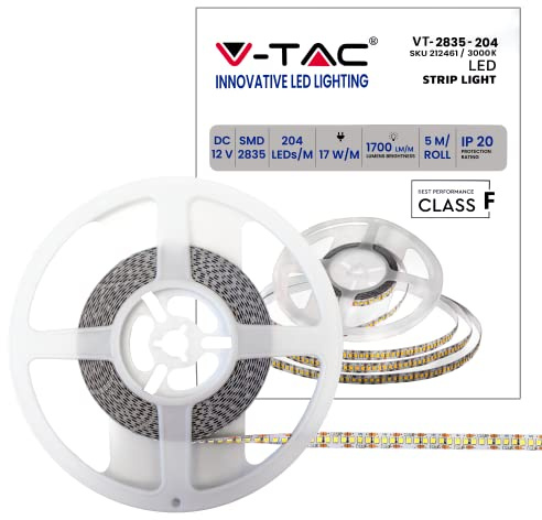 V-TAC Tira LED bobina de 5 metros 17 W por metro cinta luminosa SMD 2835 color de luz blanca cálida 3000 K para interior con tira adhesiva, alimentada a 12 V.