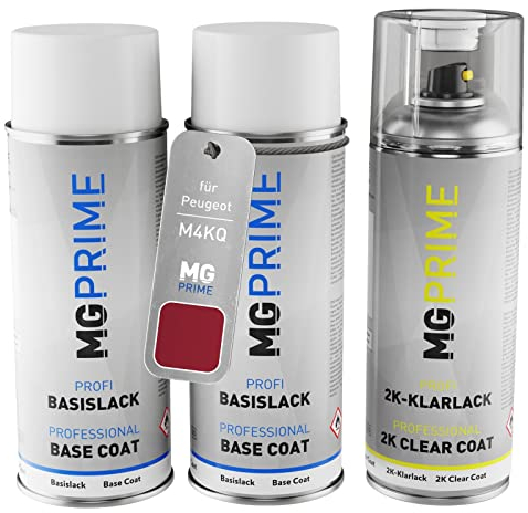 MG PRIME Autolack 2K Spraydosen Set für Peugeot M4KQ Rouge Lucifer Nacre/Luziferrot Grundlack Basislack 2 Komponenten Klarlack Sprühdose