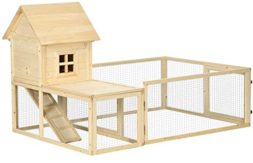 PawHut Conigliera per Interno in Legno d'Abete con Vassoio Estraibile, 3 Porte e Area Interna, 151.5x106x97 cm, color Legno