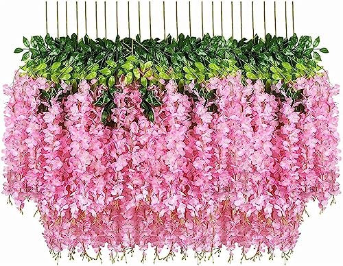 Denxahao Kunstblumen künstliche Glyzinien Blumen, Girlande Pflanze gefälschte hängende Blumen Rebe Künstliche Wisteria Girlande für Hochzeit, Geländer, Zuhause, Büro, Party, 110CM (12PCS/Rosa)