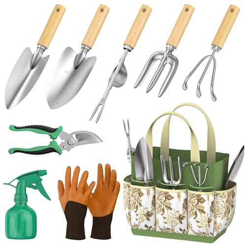 Fixmend Garden Tools Set, 9 Pieces Gardening Hand Tool Gift Kit, Stainless Steel Gardening Gifts for Women & Men with Heavy Duty Tool Bag for Easy Storage