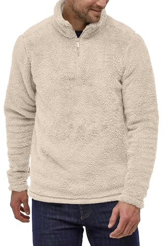 Duohropke Jersey para hombre de forro polar de felpa con cuello alto, suéter mullido, con cuello redondo, cremallera 1/4, caqui, L
